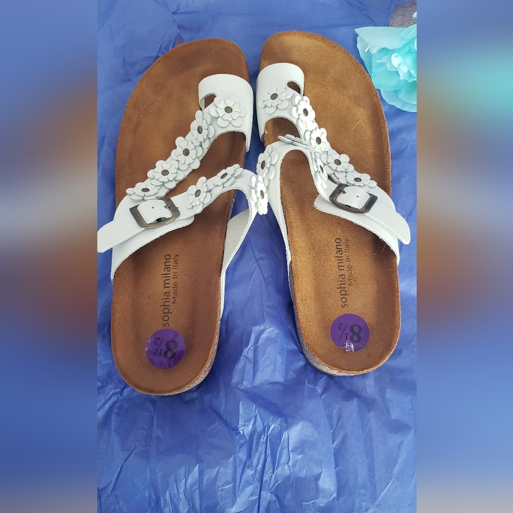 Nwot Italian Leather Sandals Womens Sophia Milano Bia Floral White